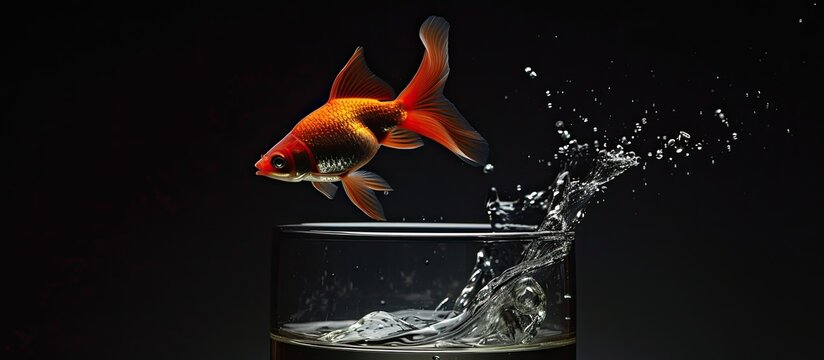 A koi fish leaps from a water glass, splashing in mid-air against a black studio backdrop. 🐟💦 Capturing the beauty of unexpected moments! ✨ #AquaticElegance