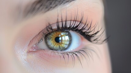 An extreme close-up of a human eye showing long, voluminous lashes