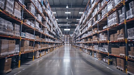 A large warehouse packed with numerous boxes stacked to the ceiling, showcasing a bustling storage and distribution operation