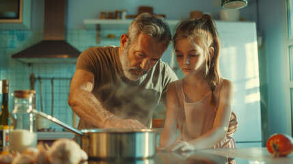 A man and a young girl are cooking together over a stove.