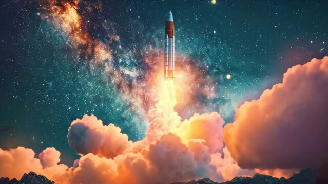 
The rocket was lifted into space. A spaceship launches with smoke in the starry sky