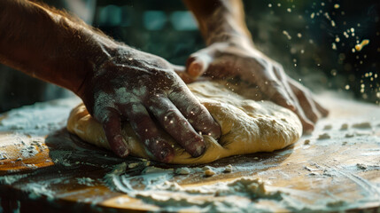  Close-up shots of the hands kneading and stretching pizza dough on a floured surface, 