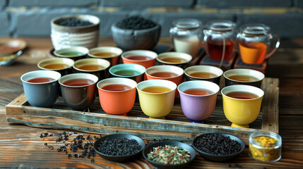 Assortment of Teas and Teacups on Wooden Tray