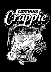 Catching Crappie Fish T-Shirt Design in Black and White Vintage Style