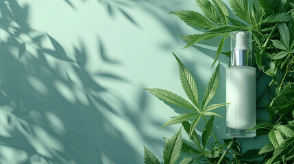 Hemp cosmetics on the leaves of marijuana - obrazy, fototapety, plakaty