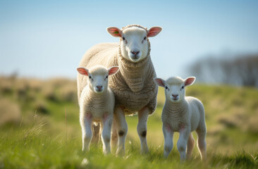 Mother sheep and her lambs in green pasture