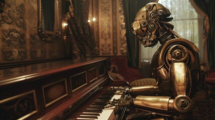 A brass steampunk robot with intricate gears playing on a classic piano in a vintage styled room.
