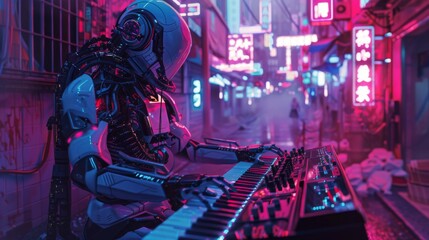 A futuristic robot with advanced design plays a synthesizer keyboard on a vibrant neon-lit urban street at night. - obrazy, fototapety, plakaty
