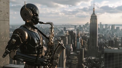 A modern robot plays the saxophone high above a bustling cityscape, with skyscrapers stretching into the distance. - obrazy, fototapety, plakaty