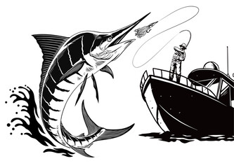  Fisherman Catching Marlin Fish Illustration in Black and White