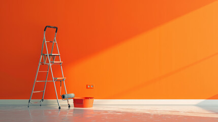 A ladder, paint roller, and tray sit ready for wall painting in a room with a freshly painted orange wall.