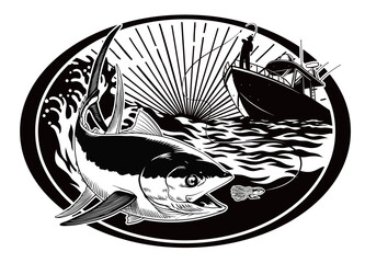 Fisherman Catching Tuna Fish Design Illustration Black and White