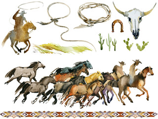 Set of western cowboy. Wild Horses, Mustang, Old rusty horseshoe, Bull skull, lasso rope . American rodeo season. Watercolor illustration - 766887197