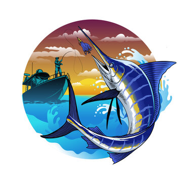 Fisherman Catching Marlin jumping out of water in a Circle Frame