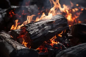 Zelfklevend Fotobehang Dramatic lighting and shadows in close-up of burning wooden logs © Александр Раптовый