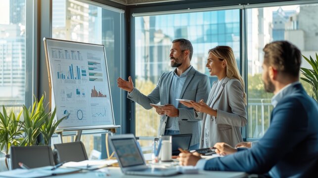 A Group Of Business People Is Meeting In An Office, Sitting Around A Table In A Room, Sharing Ideas And Discussing Plans. AIG41