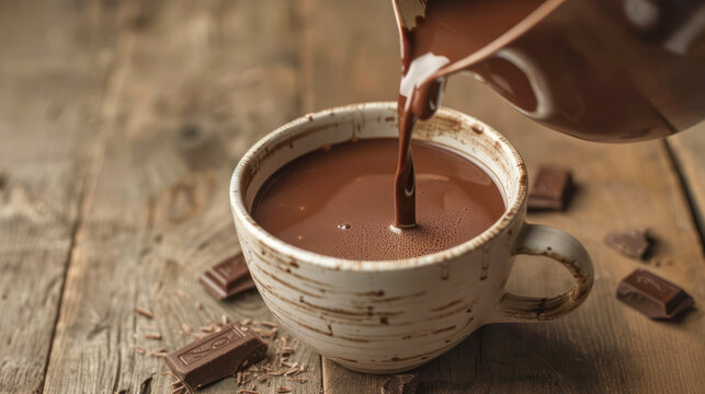 Pouring Rich Hot Chocolate into a Ceramic Cup. Velvety hot chocolate being poured into a ceramic mug, surrounded by pieces of dark chocolate on a rustic wooden table.