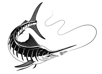 Marlin Fish Catching Fishing Lure Illustration Black and White