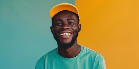 Smiling African Man with Vibrant Background - obrazy, fototapety, plakaty