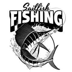 Sailfish Fishing T- Shirt in Vintage Style Black and White