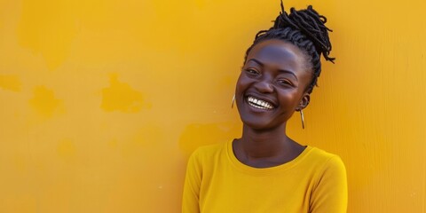 Radiant African Woman with Bright Smile - obrazy, fototapety, plakaty