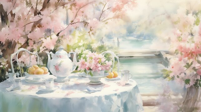 Watercolor garden tea party, spring floral setting painting