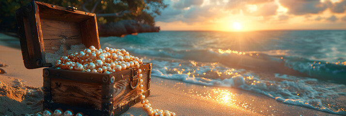 Treasure chest with pearl necklace on sand beach,
Treasure chest on the sand near the sea at sunset Vintage style An open treasure chest full of gold and jewelry on the beach