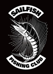 Sailfish T-Shirt Design Vintage in Black and White