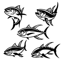 Set of Tuna Fish Mascot Cartoon Black and White