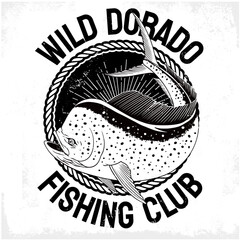 Shirt Design of Dorado Fish Design Illustration in Black and White