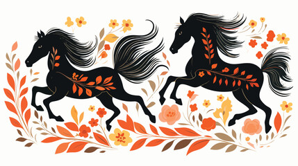 Floral Black Horses flat vector isolated on white background