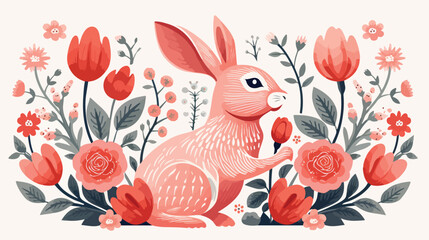 Floral Bunny flat vector isolated on white background