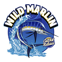 T-Shirt Design of Marlin Fish in Colored Vintage Style
