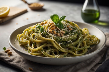 Frische Pesto-Spaghetti mit Pinienkernen und Parmesan auf elegantem Teller - obrazy, fototapety, plakaty