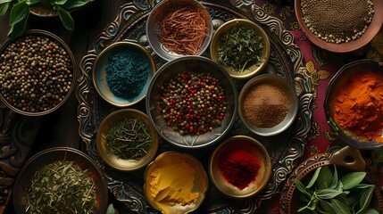 An overhead view of a colorful array of spices and herbs, symbolizing the richness of flavors during Ramadan.