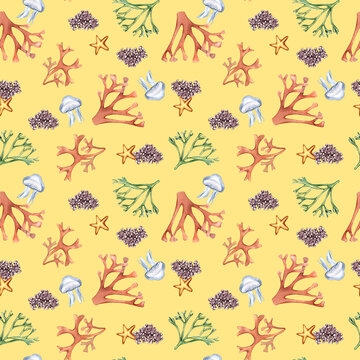Watercolor seamless pattern of sea plants and starfish isolated on yellow. Seaweeds and coral hand drawn. Painted colorful algae print. Design element for textile, paper, packaging, marine collection