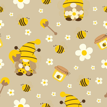 cute bee gnomes with honey hand drawn seamless pattern vector illustration for invitation greeting birthday party celebration wedding card poster banner textile wallpaper paper wrap background