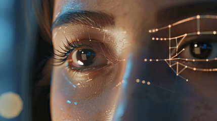 AI, artificial intelligence, predictive algorithm using facial coding and eye tracking to measure a person's response to an advertising campaign. Ad attention research, neuromarketing, facial encoding