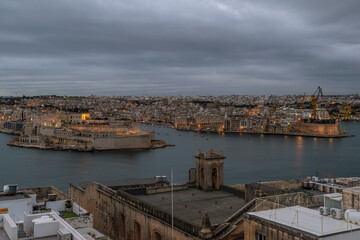 Panoramic aerial view of the Grand Harbor and Valletta Bay, Malta, at dawn