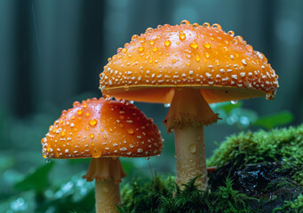 Two orange fly agaric mushrooms with water drops in the forest