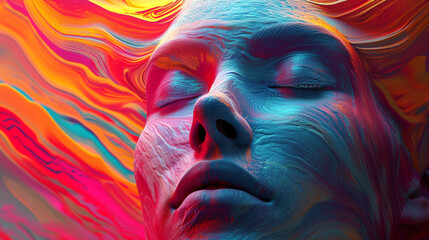  An evocative abstract composition portraying the serene countenance of a woman with closed eyes, enveloped by a swirling vortex of colors and shapes.  - obrazy, fototapety, plakaty