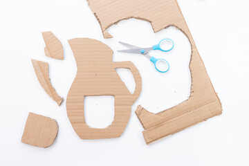 making process of summer craft from recycled paper, cut out cardboard lemonade pitcher, summer...