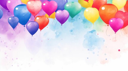 Heart balloons in pastel watercolor, festive celebration background with copy space