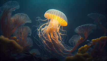 Fototapeta na wymiar Beautiful colorful aquarium jellyfish, transparent isolated fish. Underwater sea life, close-up. Generative AI