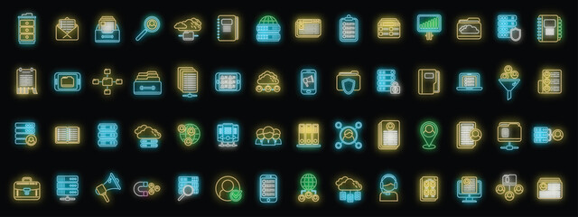 Customer database icons set outline vector. Company advertising. Business service neon color on black