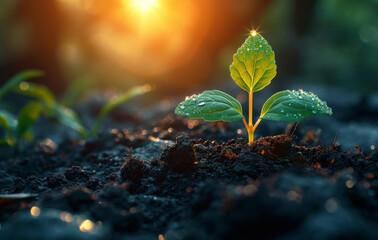 Young plant growing in the morning light and dew on the leaves