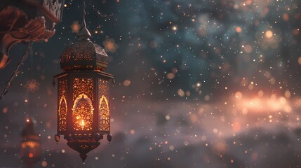 A surreal AI depiction of a traditional lantern suspended in a cosmic void, with the words "Ramadan Mubarak" seamlessly blending into the celestial background, creating an otherworldly