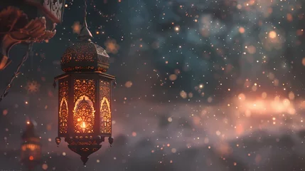Fotobehang A surreal AI depiction of a traditional lantern suspended in a cosmic void, with the words "Ramadan Mubarak" seamlessly blending into the celestial background, creating an otherworldly © Kanwal