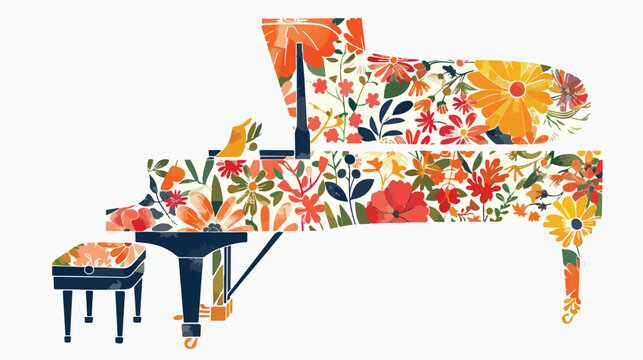 Floral Grand Piano flat vector isolated on white background