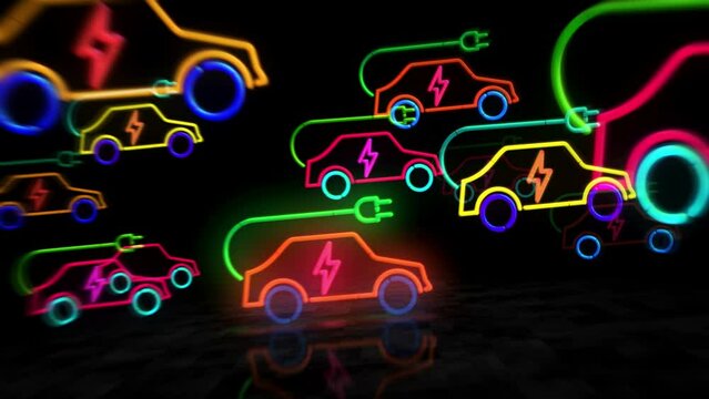 Electric car charge  neon symbol. Light color bulbs. Eco transport  abstract seamless and loopable concept. 3d flying through the tunnel animation.